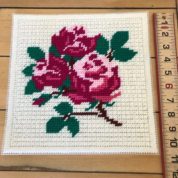 Needlepoint Rose Bouquet Plastic Canvas Placemat or Wall Hanging 10.5" Square - Picture 2 of 3